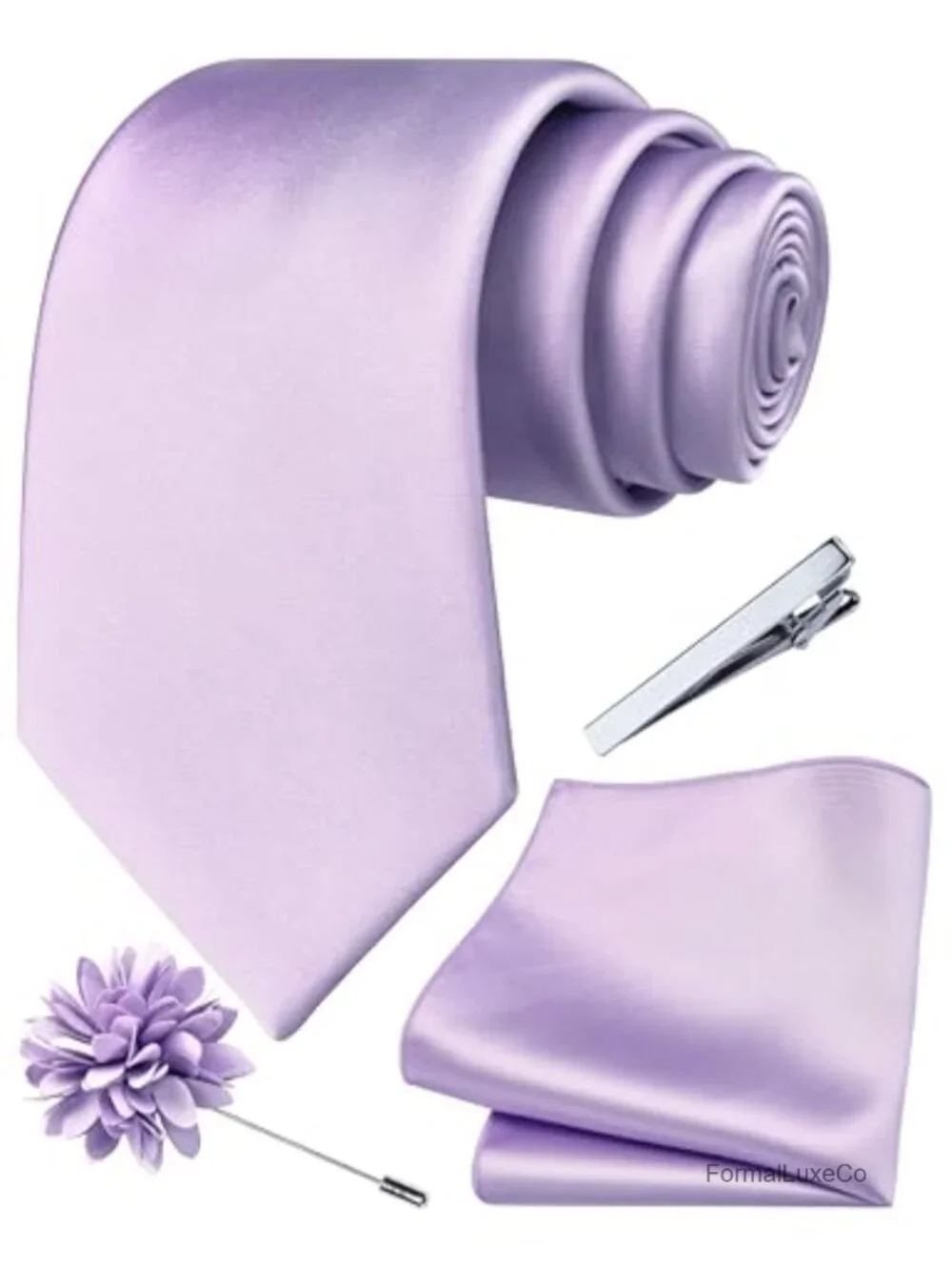 Solid Tie Set with Pocket Square, Tie Clip & Lapel Pin - Silk Blend Men's